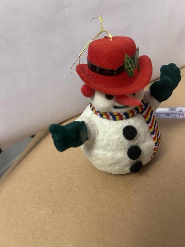 VTG Christmas Snowman Soft Plastic Ornament with red hat and green mitts