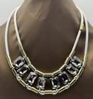 Grey Rhinestone Statement Necklace Multi Strand Cord Gold Tone Bib Necklace