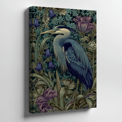 Blue Heron Bird Canvas Wall Art Floral Vintage Style Nature Decorative Print