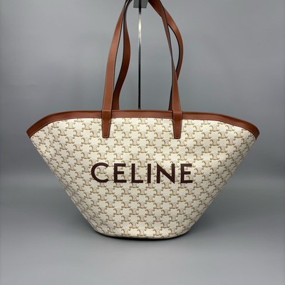 Celine Large Wide Bucket Tote White Triomphe Jacquard Tan Leather