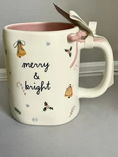 RAE DUNN  Merry & Bright  Christmas Mug Candy Canes, Holly,  Bells, Pink Bow NWT