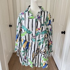 Vintage 80s Button Shirt Abstract Bright Colorful Art Tropical Animal Sz L Beach