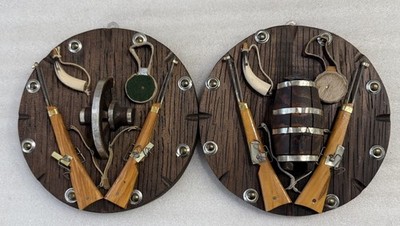 2 Rustic Frontier Hunt Fish Plaques Wood Black Powder Rifle Wagon Wheel Cabin