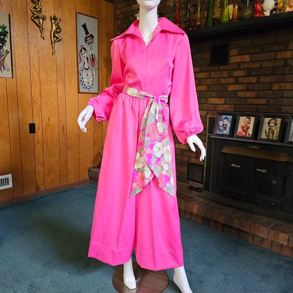 Vtg 70s Mod Pink Palazzo Pants Blouse 3 pc Pantsuit Bespoke Hostess Gown XXS/XS - Image 2 of 4