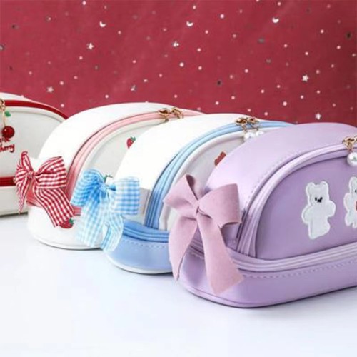Bear Pencil Case Smile Cherry Double Layer Pen Pouch Cute Pencil Bag School - Picture 5 of 13