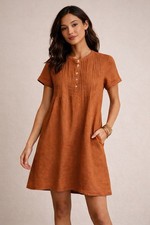 Quince European Linen Swing Dress Terracotta Pintuck Short Sleeve Small