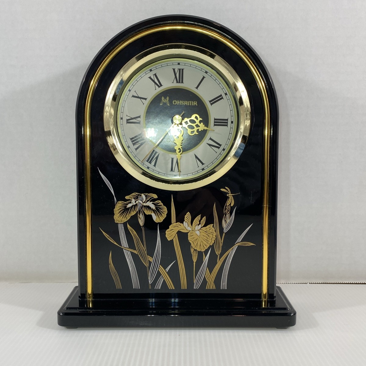 Ohsama Black & Gold Floral Mantle Clock Japanese Quartz Movement