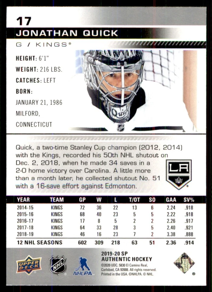 2019-20 SP Authentic Jonathan Quick #17 - Image 2 of 2
