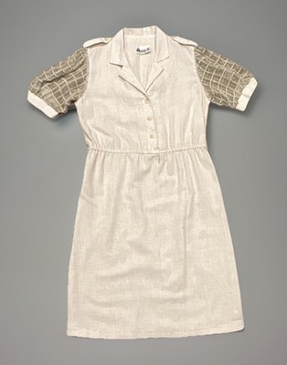 Vintage Beige Linen A-Line Collared Button Front Dress Short Sleeve 9-10