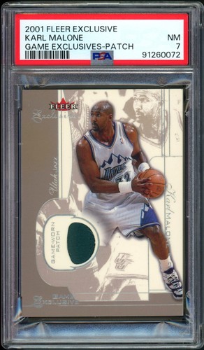 2001-02 FLEER EXCLUSIVE KARL MALONE GAME EXCLUSIVES GAME-WORN PATCH PSA 7 #/25!