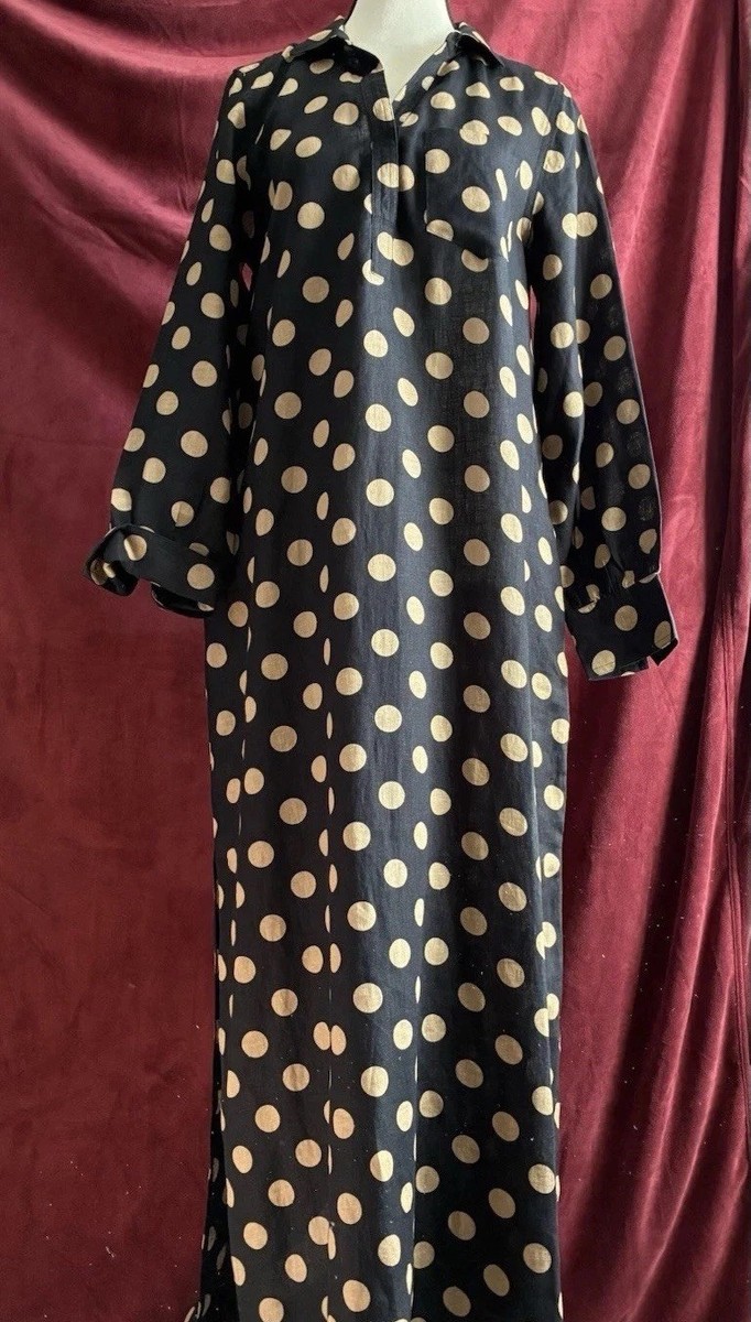 J Crew Bungalow Popover Linen Maxi Polka Dot Dress Slit Black Tan Oversized  Sz S