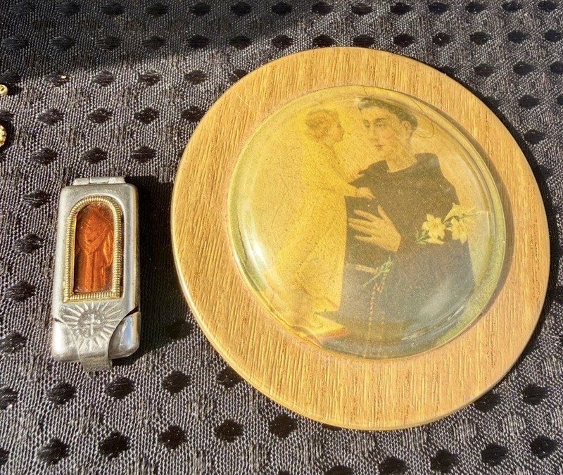 antique religious pocket shrine Saint Anthony of Padua W/ Christ Baby & Plaque