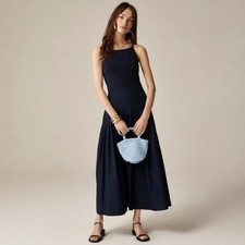 NEW!! J. CREW Pintuck Mixy Tank Dress Solid Navy Blue Midi Pleated Preppy Large