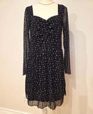 H&M Divided Women's Black Floral Mesh Ruched Sweetheart Dress Long Sleeve L
