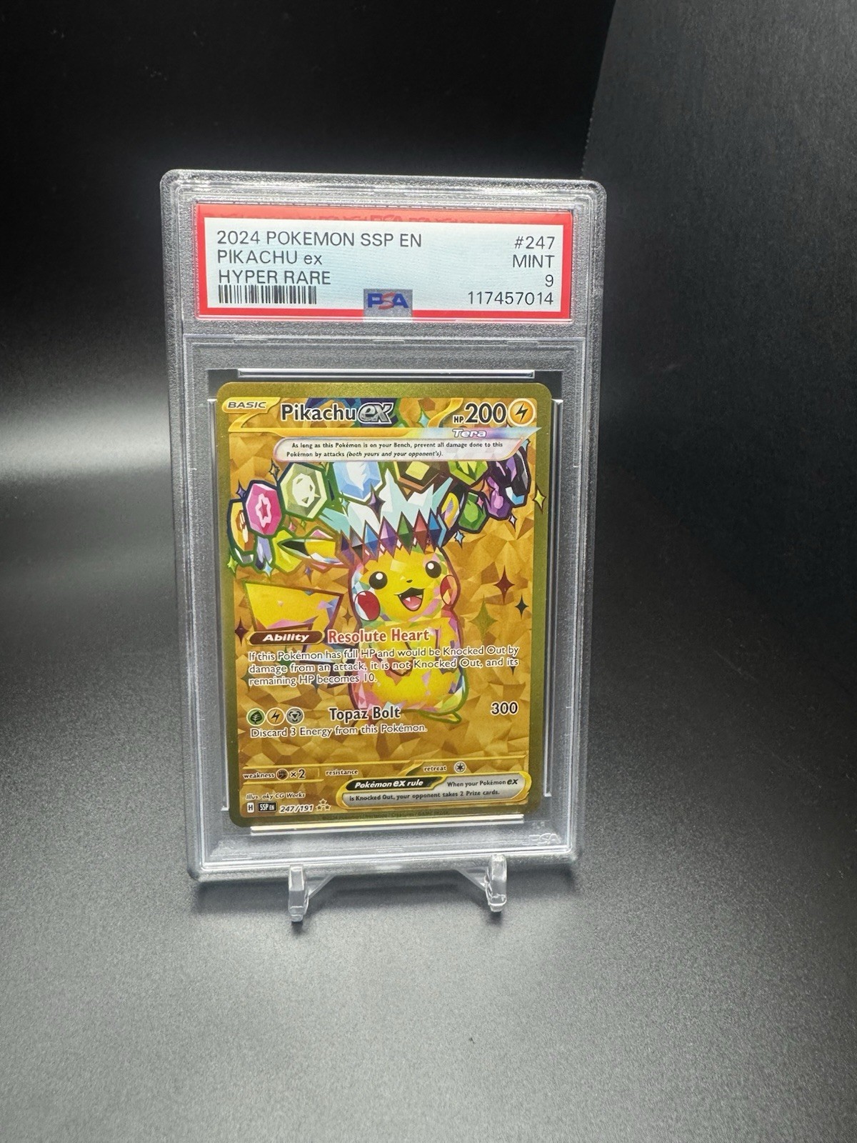 247 191 pokemon card Pikachu ex 247/191 [Holo, Graded PSA 10] Commemorate your favorite tabletop game with this Pikachu EX 2024 Pokemon Surging Sparks Hyper Rare #247 PSA Authenticated 10 Card Pikachu ex 2024 Scarlet &