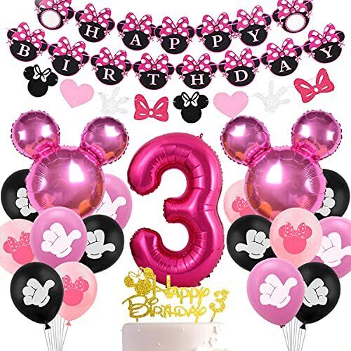 Globos de Numeros 3 Años Minnie Mouse Decoración Para Cumpleaños Niña Set Rosa