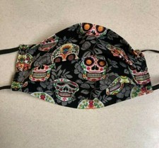 Decorative Skulls on Black Background.Pleated Reuse Cotton Mask.