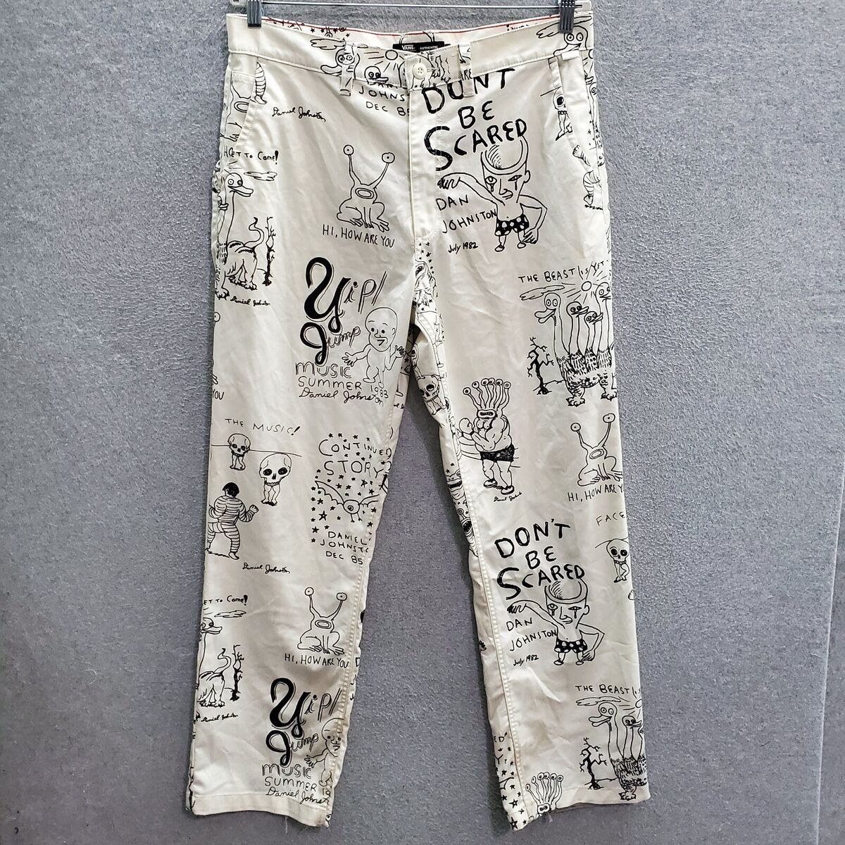 VANS X Daniel Johnston Men Pants 33x32 White Chino All Over VANS X Daniel Johnston Men Pants 33x32 White Chino All Over