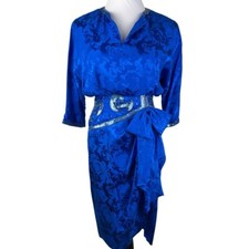 Spenser Jeremy Vintage V-Neck Bow Front Sequin Waist Dress Women's 6 Royal Blue