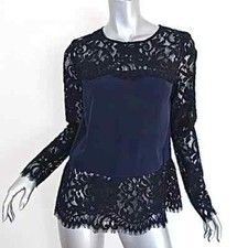 Intermix Black Lace & Navy Silk Blouse Size P S Long Sleeve Open Back Top Sexy