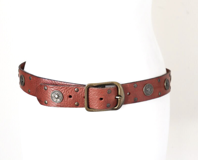 Tan Brown Leather Studded Y2K Belt - Coin Trims - Vintage