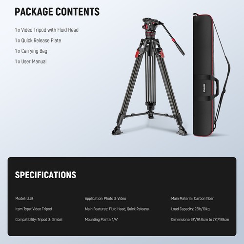 NEEWER LL37 78" Carbon Fiber Tripod, Fluid Head, 22lb Load, QR Plate - Picture 8 of 9