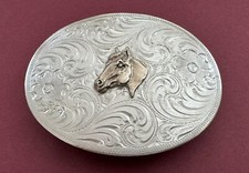 VTG Fantastic Hand Engraved Signed SSS Sterling Silver Western Horse Belt Buckle