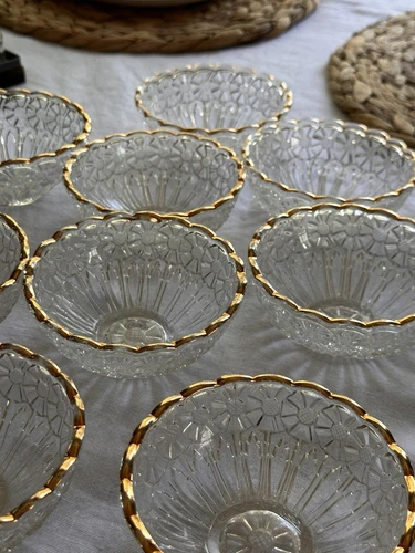 Vintage Set Of 12Glass Desert Bowl With Gold Rim,Engraved Flowers,Rare Find