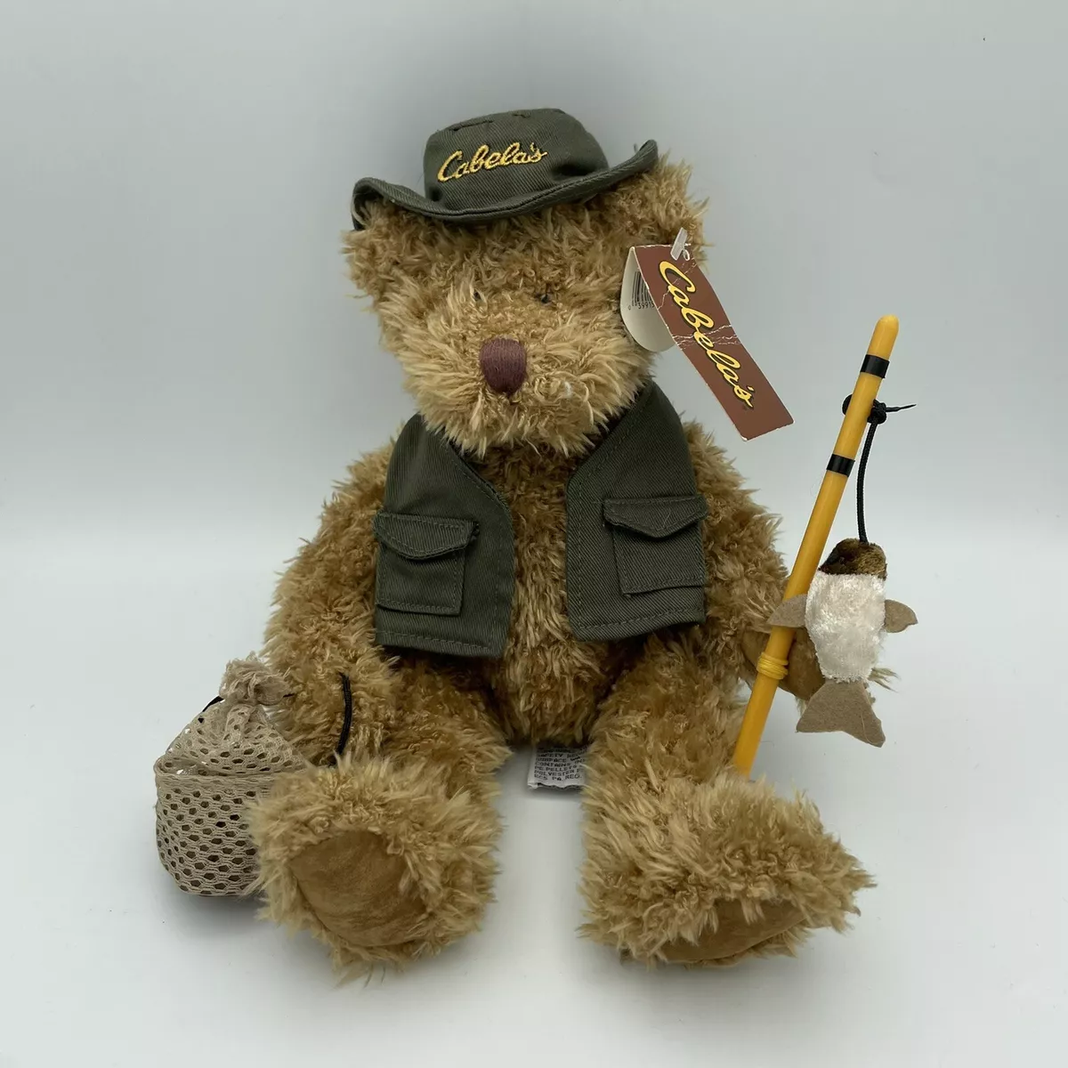 Vintage Russ Berrie Cabela’s Fishing Teddy Bear Pole and Basket Preowned w/  Tags