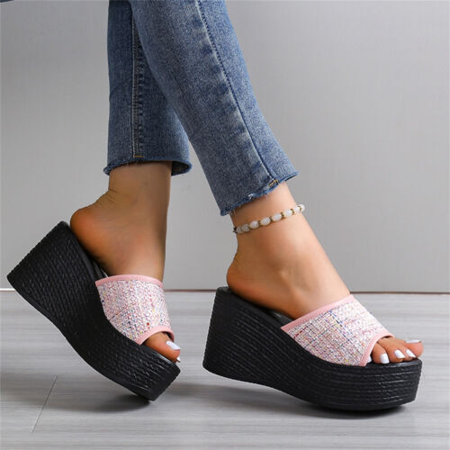Damen-Slipper offene Zehenpartie hoher Absatz Plateau Keilabsatz Sandalen Hausschuhe Sommerschuhe - Bild 8 von 16