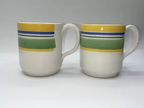 Vintage Set Of 2 Tre Ci Italy Coffee Mug Cup White Blue Green Yellow Stripes