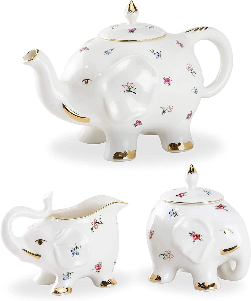 GRACE'S TEAWARE Grace Teaware Happy Elephant Dragonfly Butterfly Teapot/Sugar Creamer. 3 Pcs set