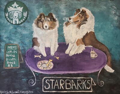 Sheltie at Starbucks Art Print 11x14 Signed by Artist KSams - Main Image