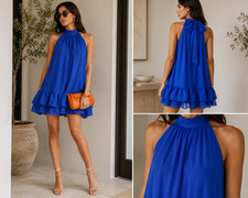 Alice + Olivia Erna Blue Halter Ruffle Mini Dress Size Large