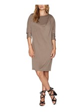 B NEW YORK Womens Shift Short Dress Brown 3/4 Sleeve Scoop Neck XS