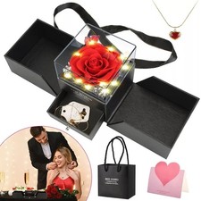 Preserved Red Real Rose with Heart Necklace with Box Anniversary Valentines Gift