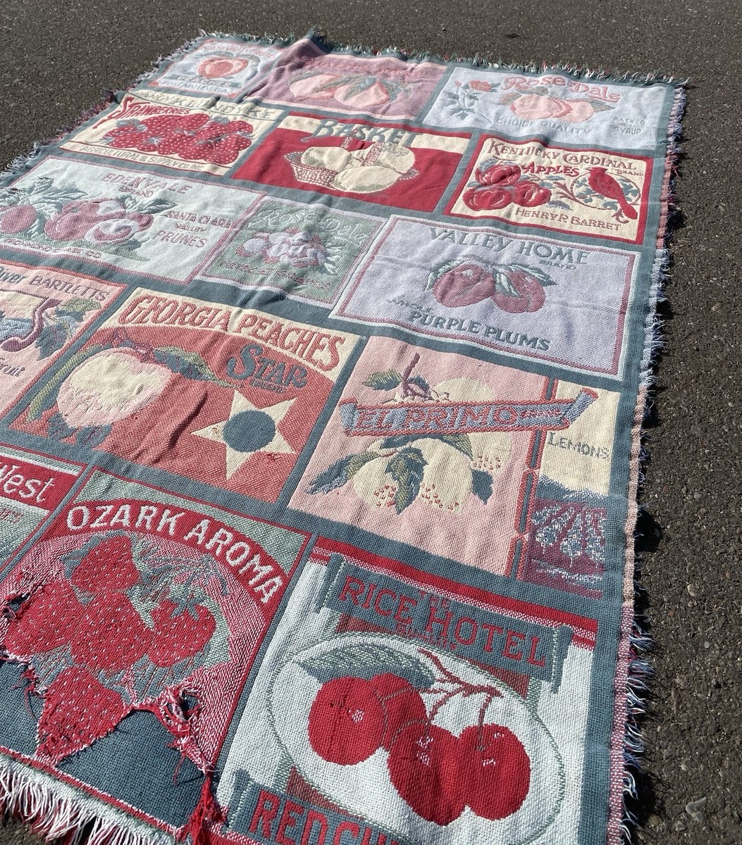 N607◯ goodwinweavers コットン フリンジ 織物 ガウン Goodwin Weavers Tapestry Throw Blanket Fruit Label 48x56 USA 100