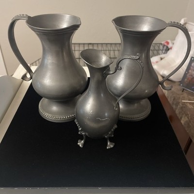 Vintage Set Of Three Small Pewter Pitchers Marked Pre owned Vessels