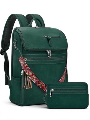 Leather Laptop Backpack for Women, 16.5'' Travel Computer Bag with Tassel Design