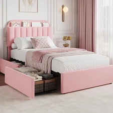 Twin Bed Frame Girl Bed Frame W/ Books Storage Headboard 2 Flexible Drawers Pink