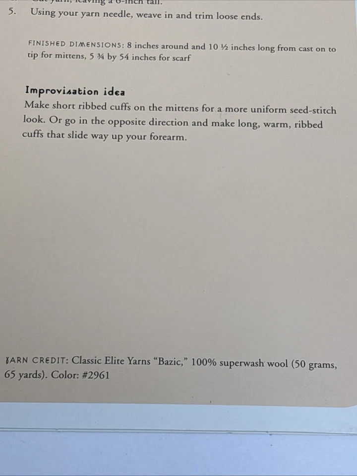 Seed Stitch Mittens & Scarf Set Knitting Pattern Card - Image 2 of 3