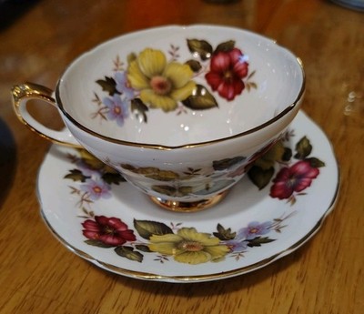 Floral Magenta, Yellow, Powder Blue, Gold Teacup & Saucer -Royal Sutherland