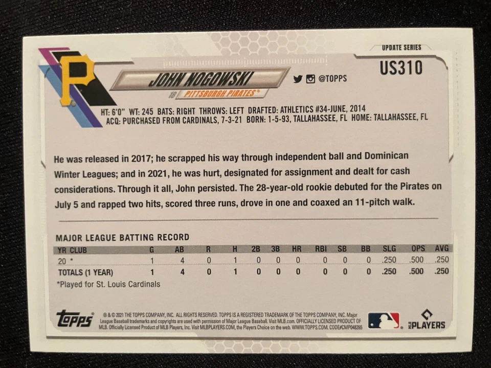 John NOGOWSKI RC 2021 Topps Update Series #US310 Pittsburgh Pirates - Image 2 of 2