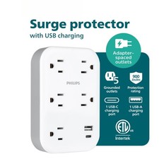 5 Outlet Surge Tap, Adapter Spaced, 1 USB-A, 1 USB-C, 17W, 900J, White