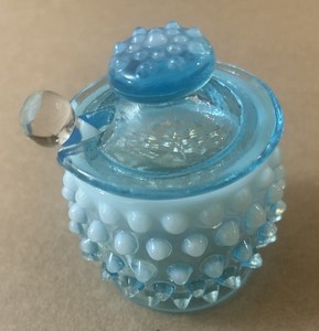 Vintage Fenton Blue Opalescent Hobnail Condiment Jar With lid & Spoon 3” Tall