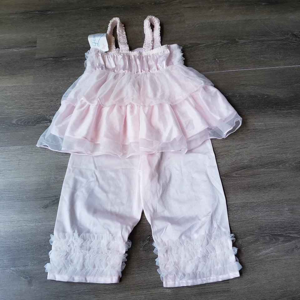 NEW Laura Dare Pink Ruffle 2 Piece Pajama PJ Set Girls Sz 4 Pants Top USA FLAWS - Image 4 of 4