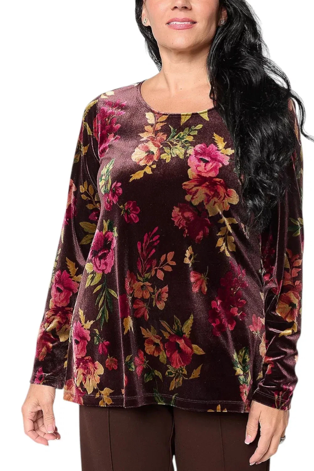 Susan Graver Printed Knit Velvet A-Line Top Chocolate/Berry