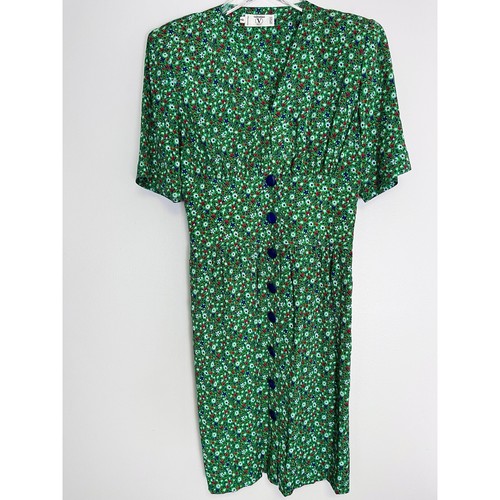 Valentino Boutique / Miss V, Valentino Vintage 80’s Miss V Green Ditzy Floral Dress Button Front Midi 38