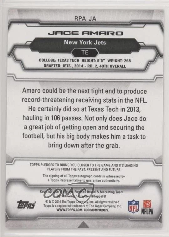 2014 Topps Rookie Premiere Auto /90 Jace Amaro #RPA-JA Auto RC - Image 2 of 2