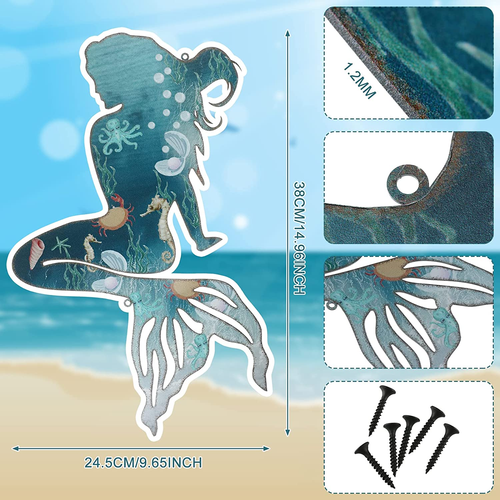 Metal Mermaid Wall Art Rustic Hanging Mermaid Wall Decor Blue Stainless Steel - Picture 3 of 12